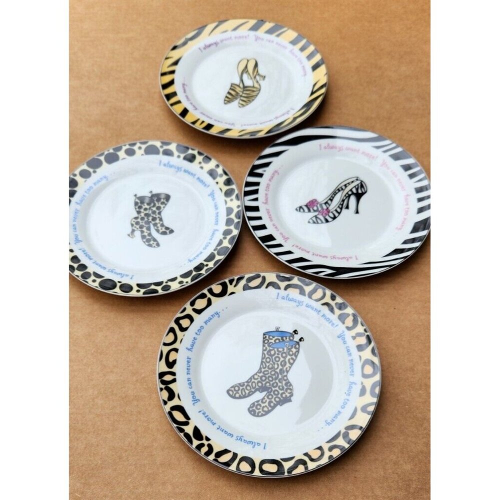 2004 Delphine Cubitt Salad Plates Tapas Appetizer Desert Shoe Boot Design Set 4